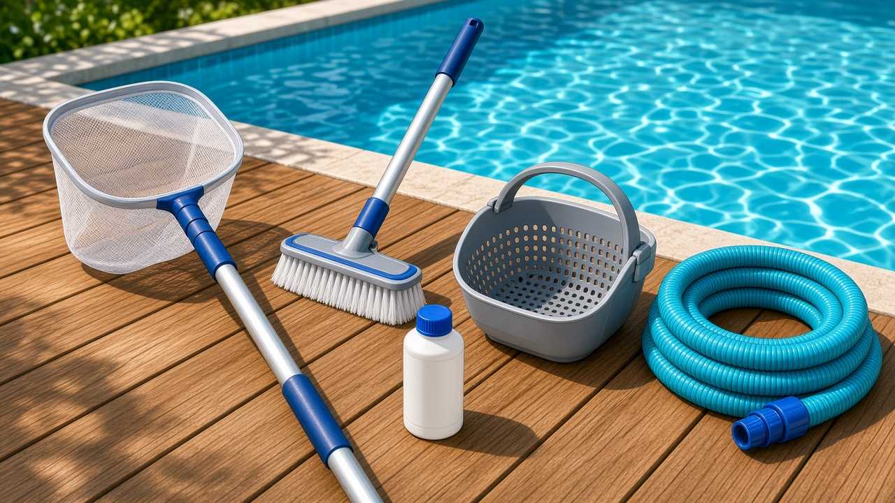 Accessoires d'entretien de piscine posés sur une terrasse en bois : épuisette, brosse, panier, flacon et tuyau