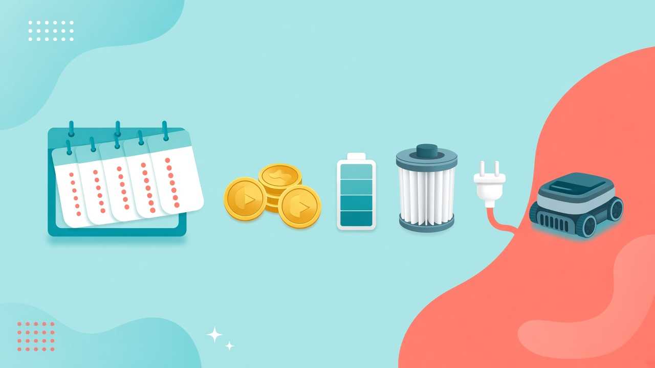 Illustration du coût sur 5 ans : calendrier, pièces, batterie, filtre, prise électrique et robot de piscine