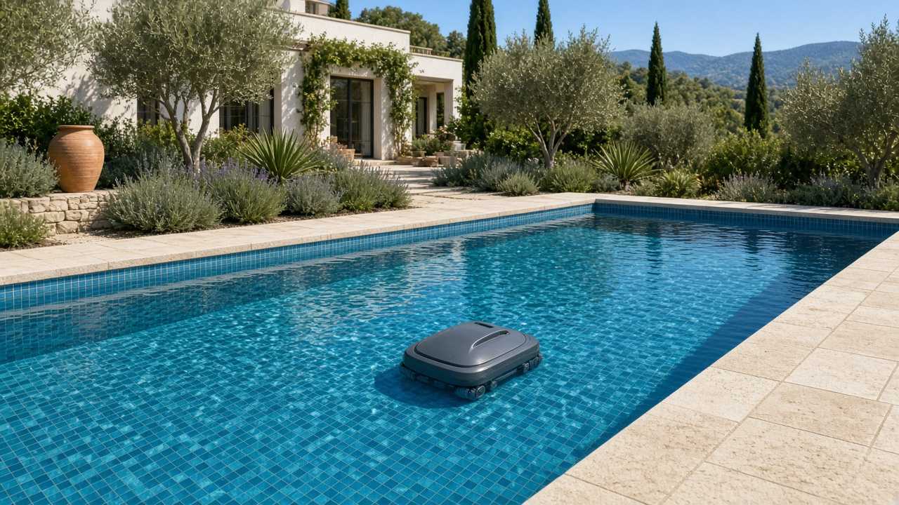 Piscine béton carrelée de mosaïque bleue avec margelles en pierre et robot nettoyeur