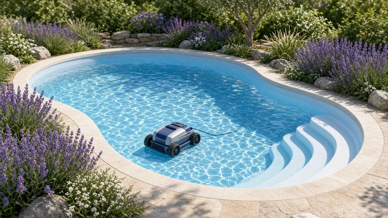 Piscine coque polyester en forme libre avec escalier moulé et robot nettoyeur, bordée de lavande