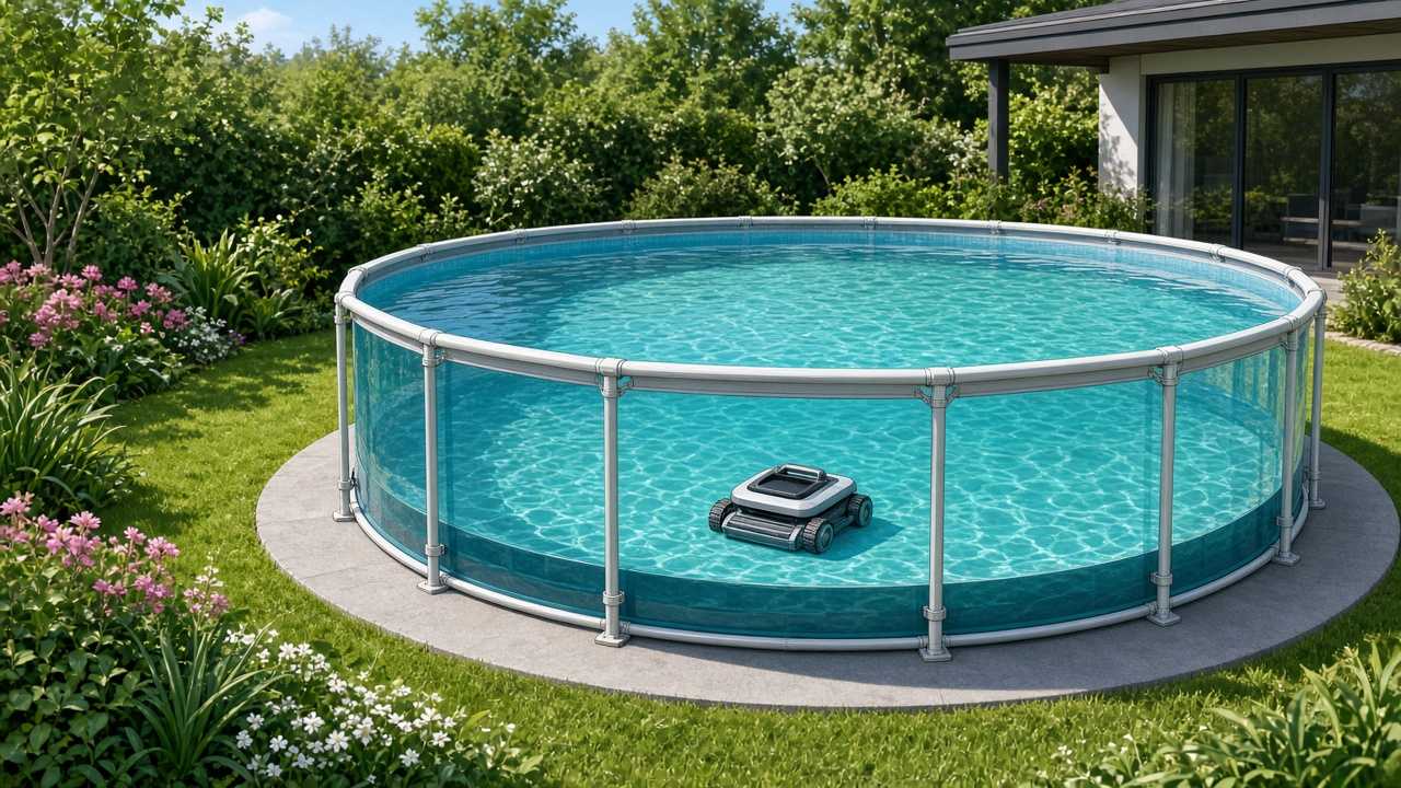 Piscine hors-sol ronde à structure métallique dans un jardin, robot nettoyeur sur le fond plat