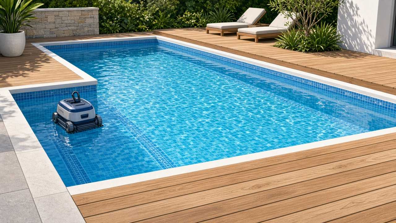 Piscine enterrée rectangulaire avec liner bleu et robot nettoyeur près de la paroi
