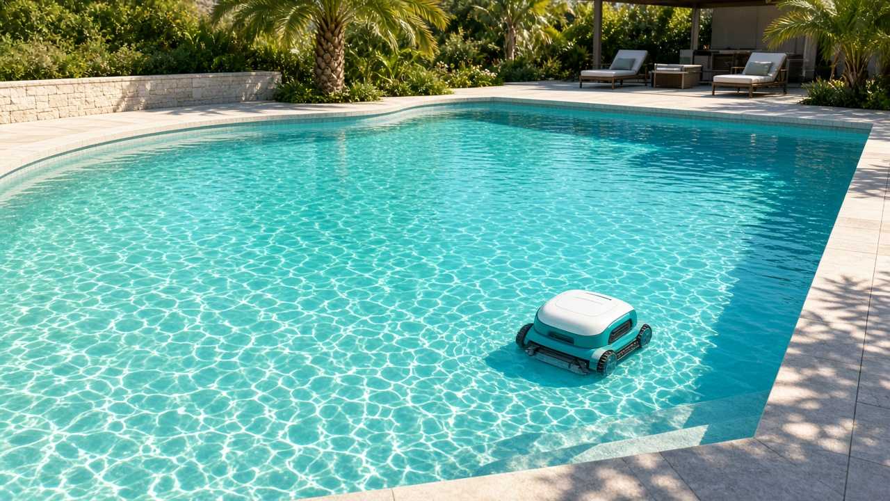 Grande piscine enterrée turquoise nettoyée par un robot de piscine