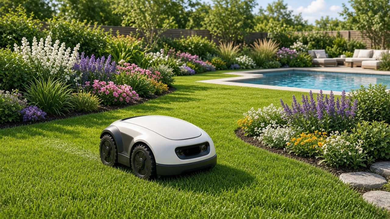 Tondeuse robot sur une pelouse verte dans un jardin fleuri, piscine en arrière-plan